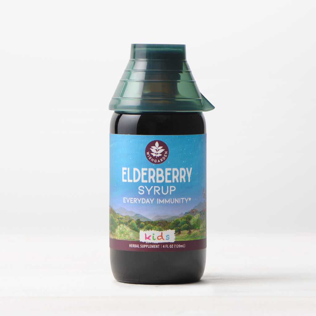 Elderberry kids immunity syrup bottle with blue label and black cap
