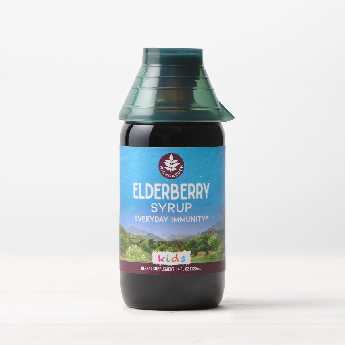 Elderberry kids immunity syrup bottle with blue label and black cap