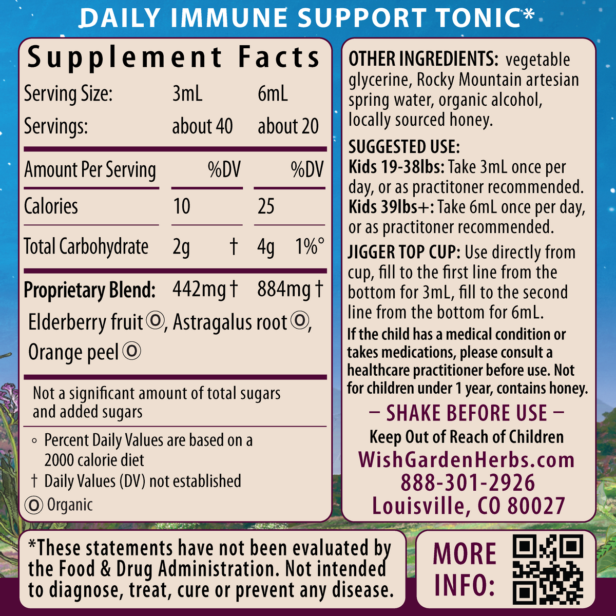 Elderberry syrup supplement facts panel with serving and ingredient details
