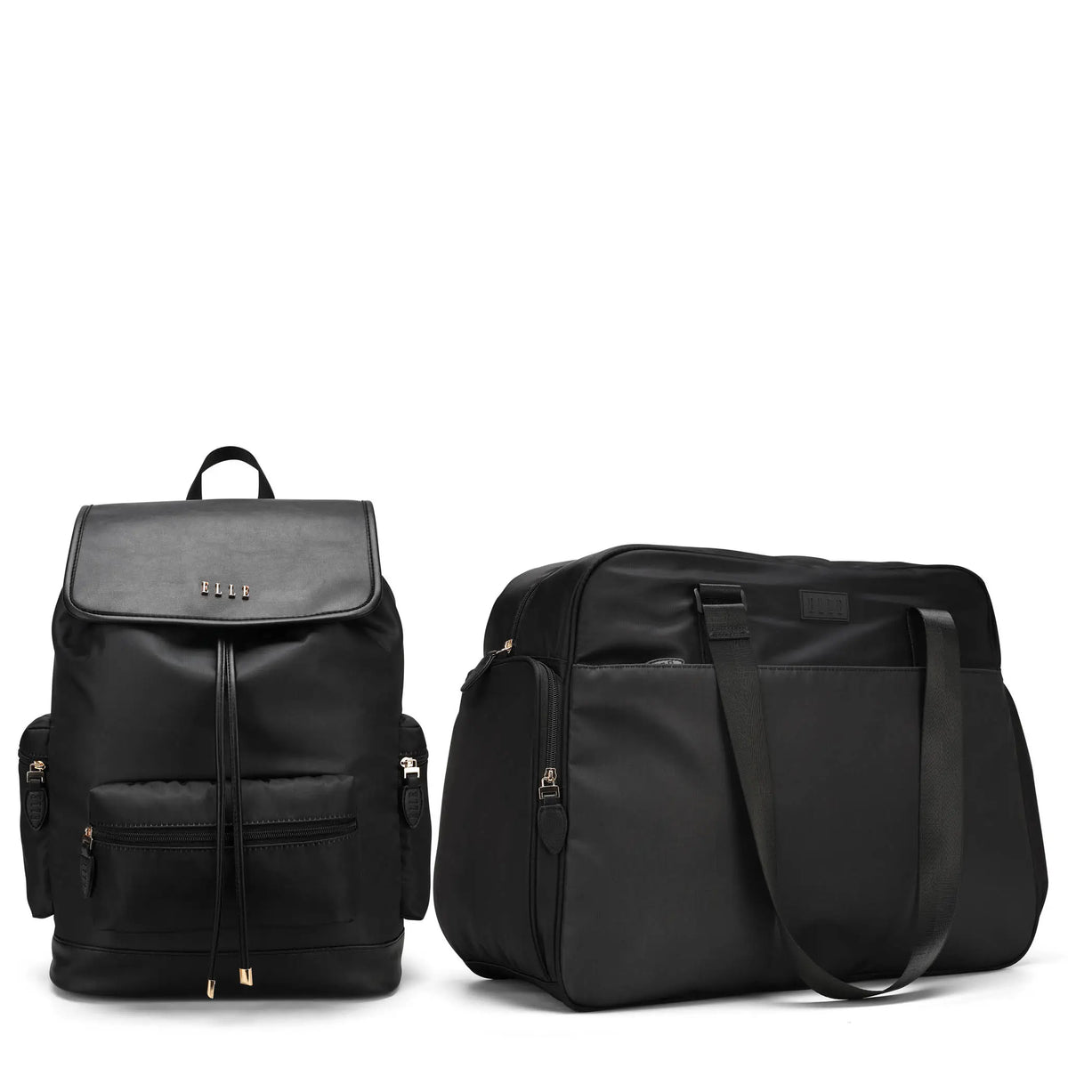 Black backpack and weekender duffel set, both with zip closures and shoulder straps