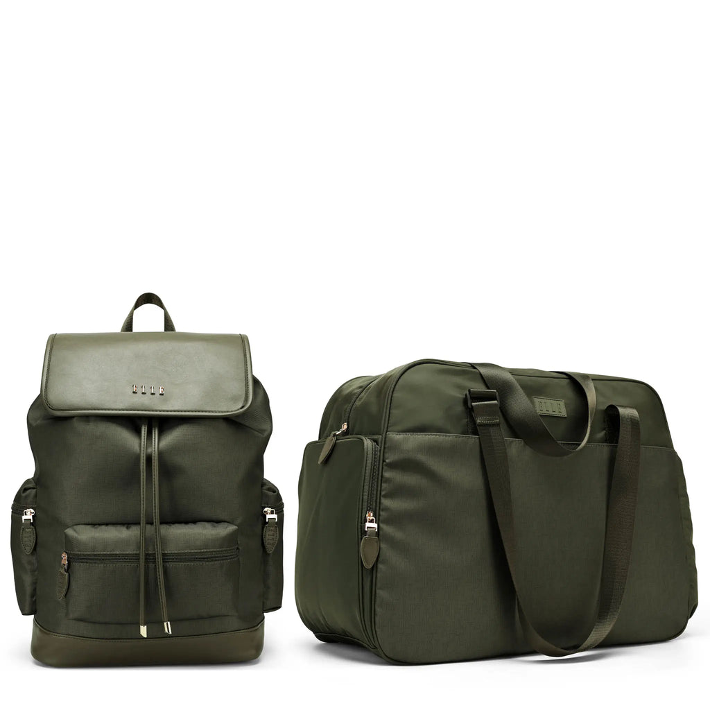 Olive green 2-piece weekender set with backpack and matching duffel bag, closed
