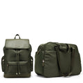 Olive green 2-piece weekender set with backpack and matching duffel bag, closed
