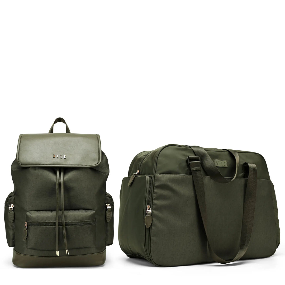 Olive green 2-piece weekender set with backpack and matching duffel bag, closed
