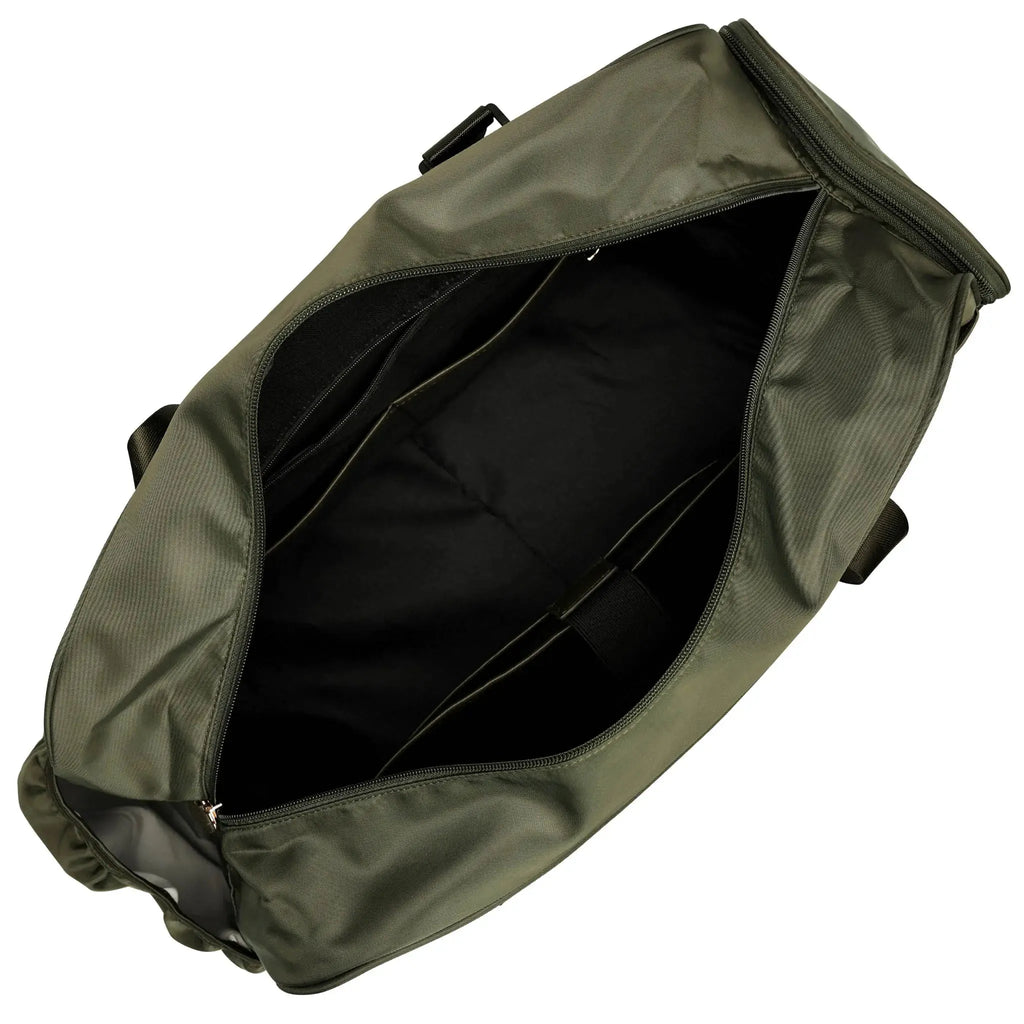 Olive green backpack interior view with black lining and side zipper pocket