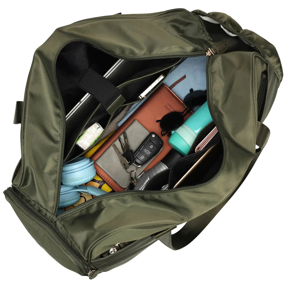 Olive green weekender duffel bag open, showing inner mesh pocket and compartments