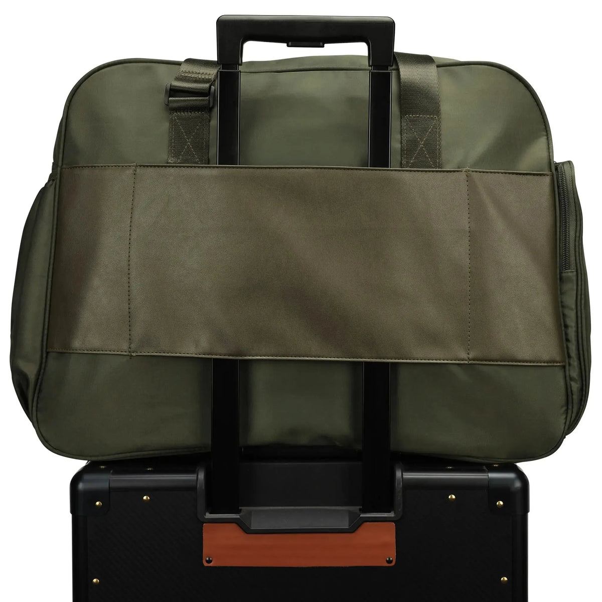 Olive green weekender duffel bag with front carry handle and zip pocket