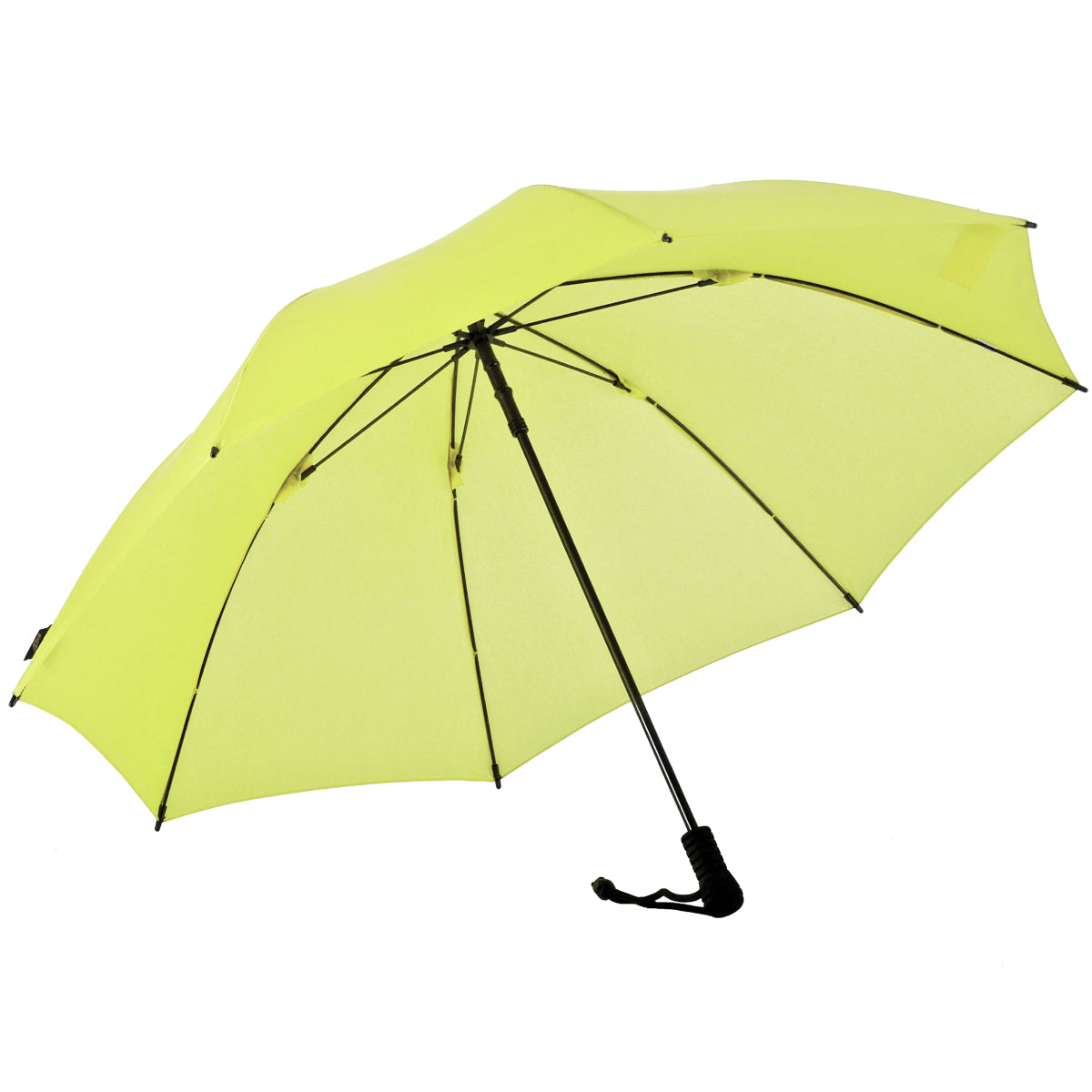 Lime green trekking umbrella with black frame and carrying strap, open canopy.