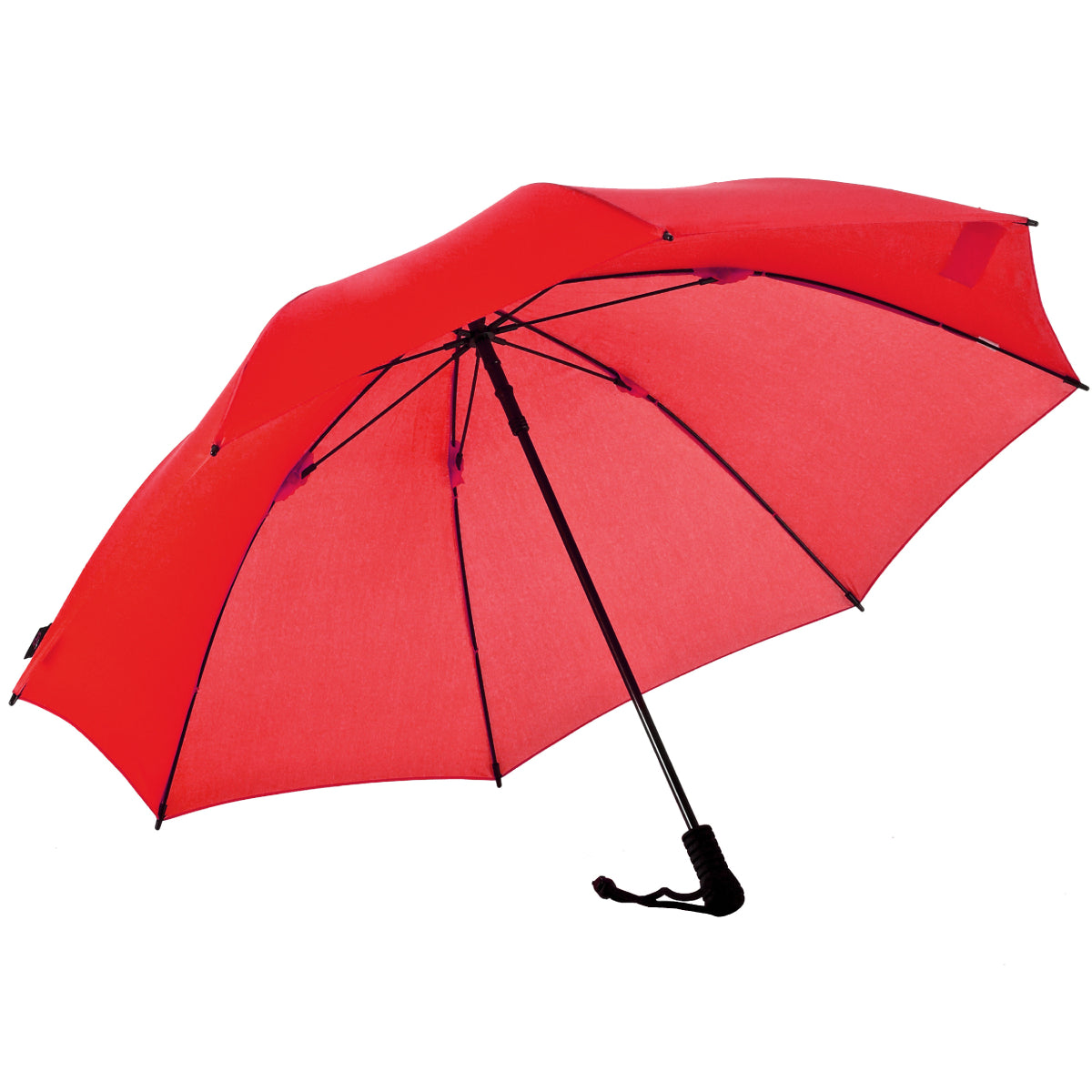 Red trekking umbrella with black frame and carrying strap, open canopy.