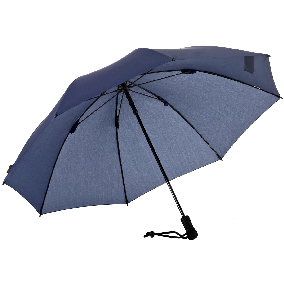 Navy trekking umbrella with black ribs and carrying strap, open canopy.