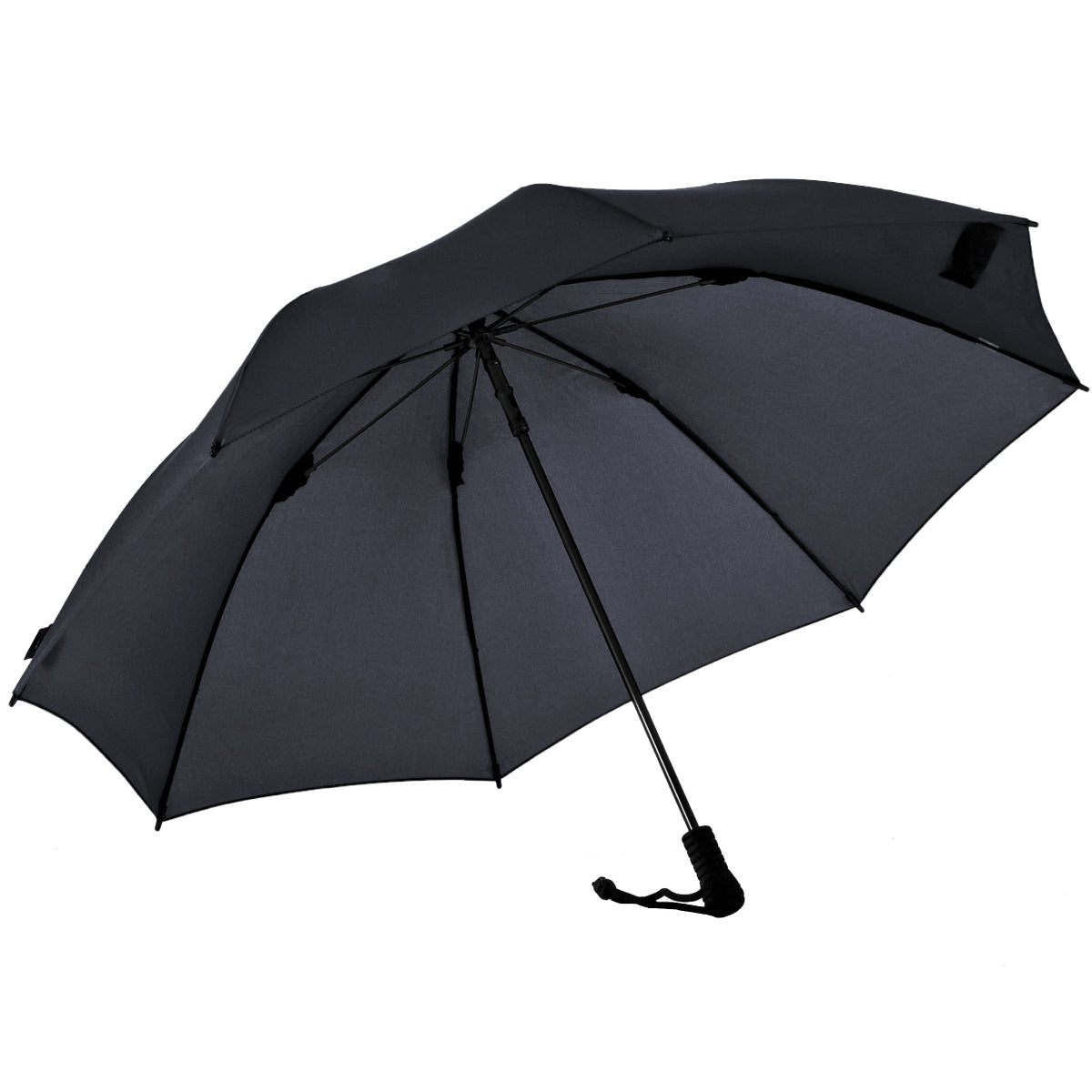 Black trekking umbrella with black ribs and carrying strap, open canopy.
