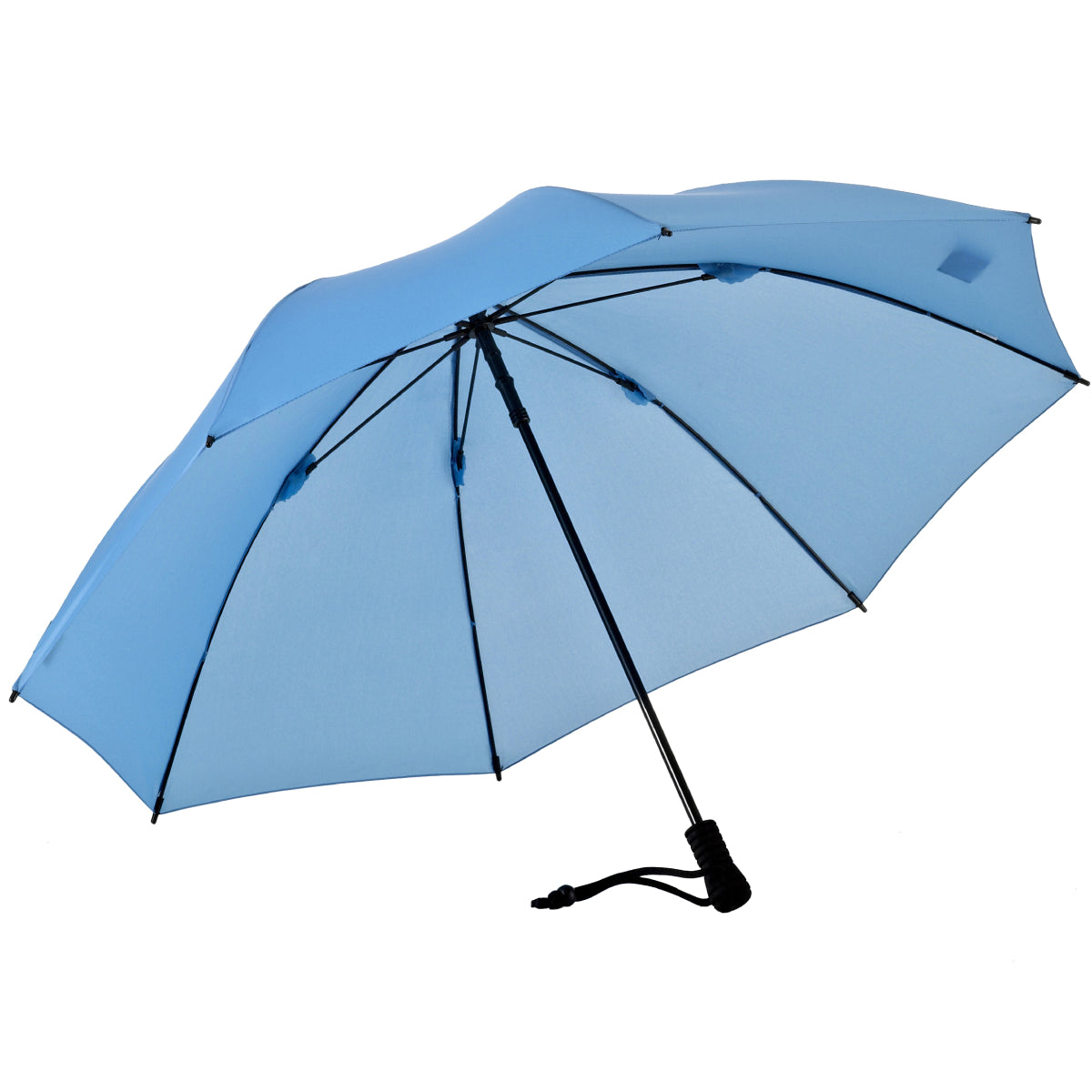 Light blue trekking umbrella with black frame and carrying strap, open canopy.