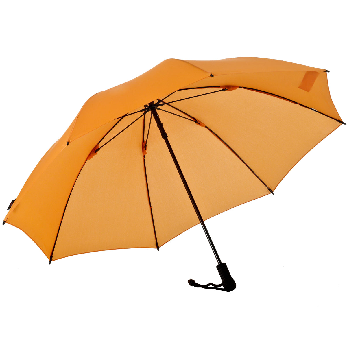 Orange trekking umbrella with black ribs and carrying strap, open canopy.