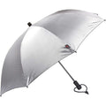 Silver trekking umbrella with black ribs and carrying strap, open canopy.