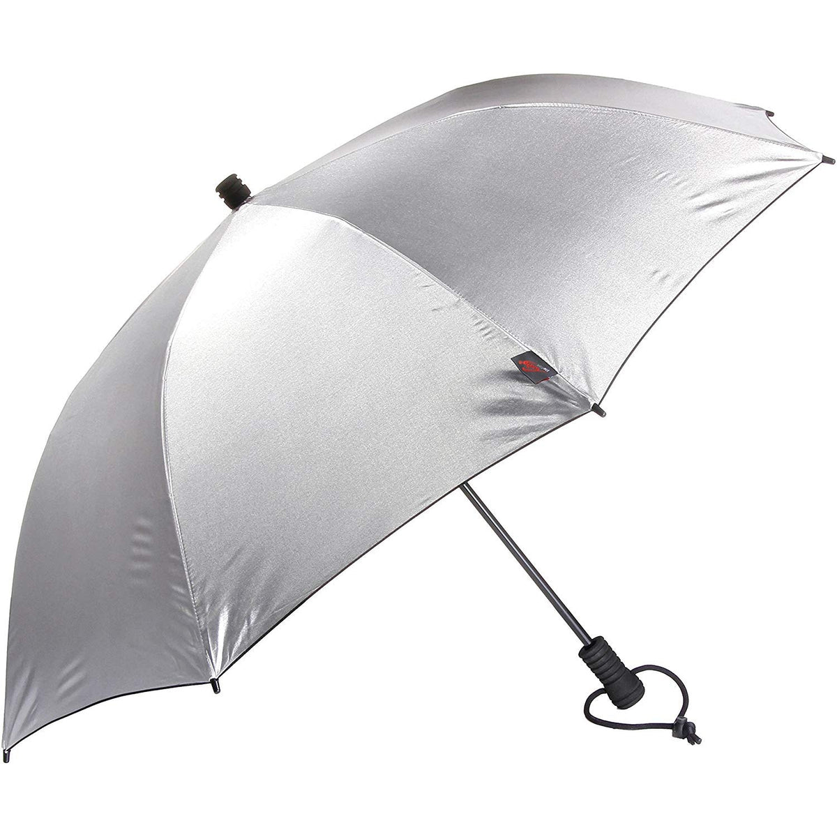 Silver trekking umbrella with black ribs and carrying strap, open canopy.