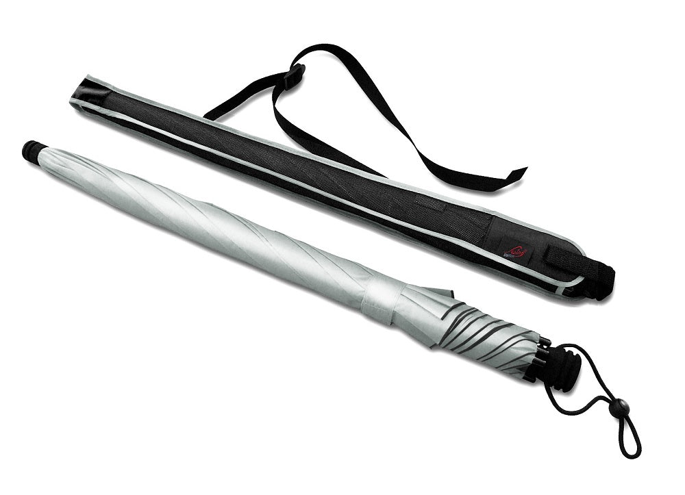 Trekking umbrella with silver striped canopy and black carrying case with strap