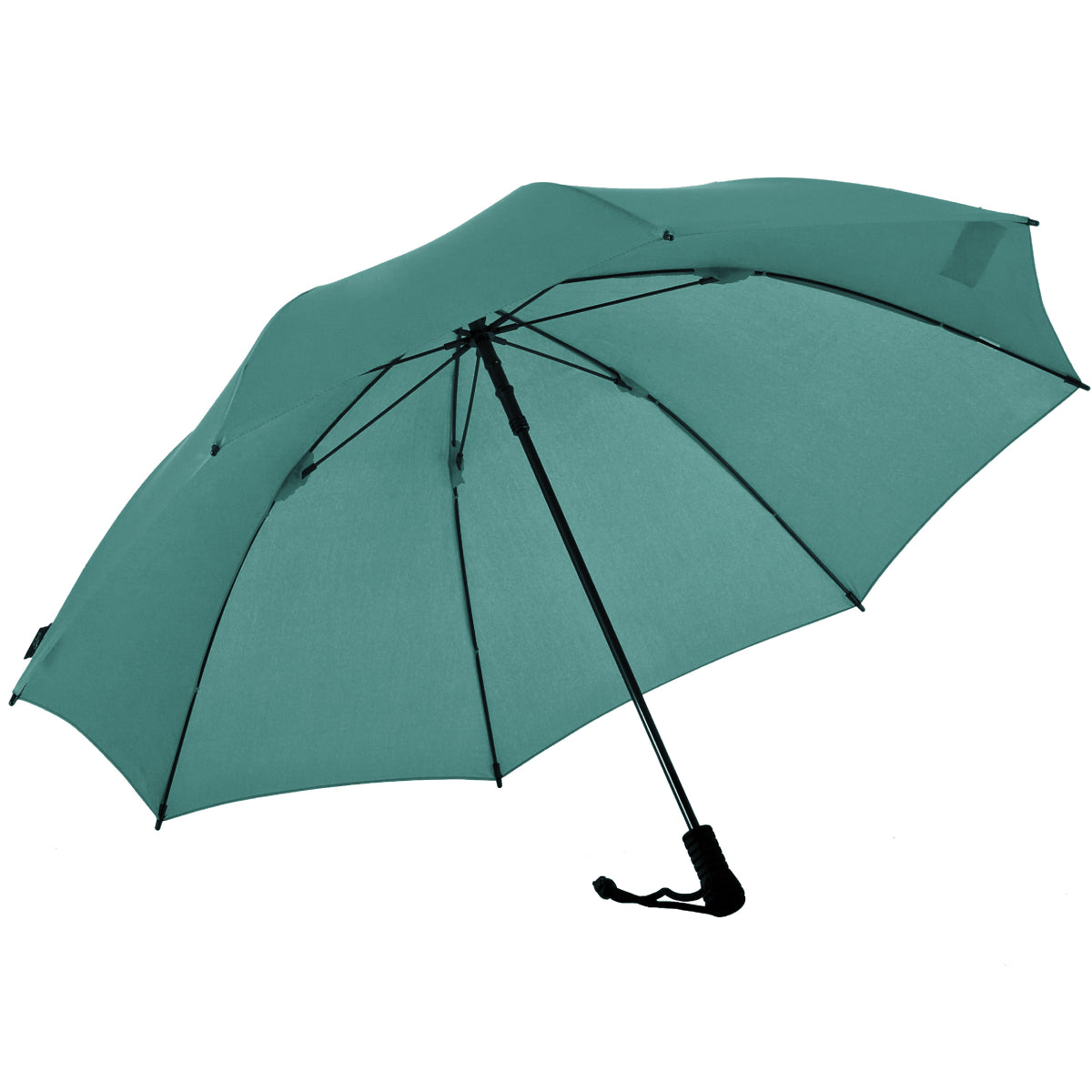 Green trekking umbrella with black ribs and carrying strap, open canopy.