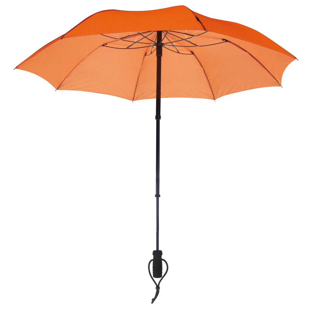 Orange hands-free trekking umbrella with telescopic shaft and backpack strap