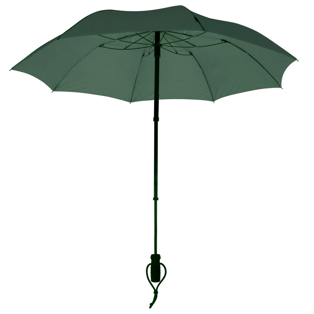Olive green hands-free trekking umbrella with telescopic pole and backpack strap