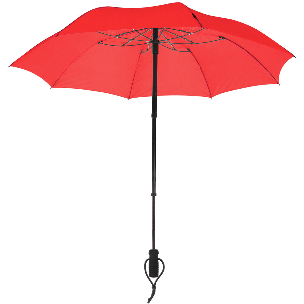 Red hands-free trekking umbrella with telescopic shaft and backpack attachment strap