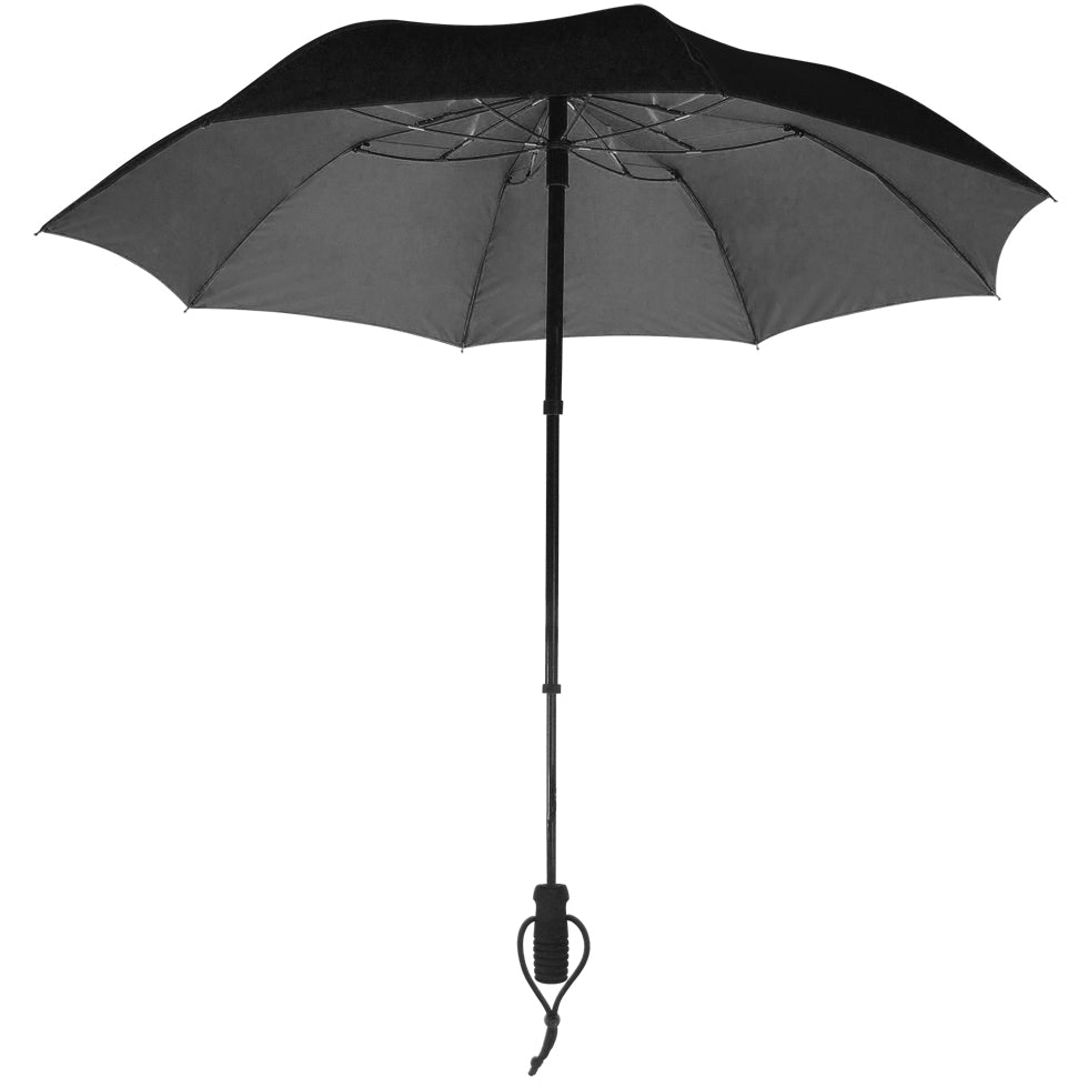 Black hands-free trekking umbrella with telescopic pole and backpack attachment strap