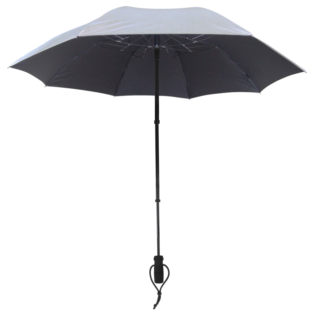 Dark gray hands-free trekking umbrella with telescopic pole and backpack strap