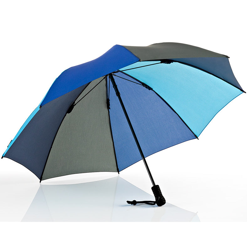Two-tone blue trekking umbrella with black ribs and carrying strap, open canopy.
