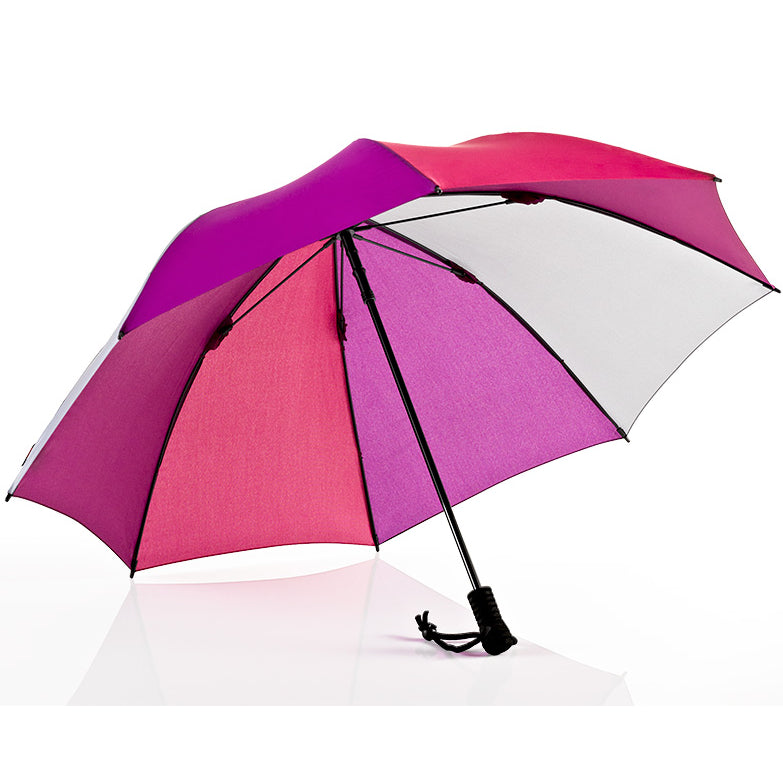 Pink and white trekking umbrella with black ribs and carrying strap, open canopy.