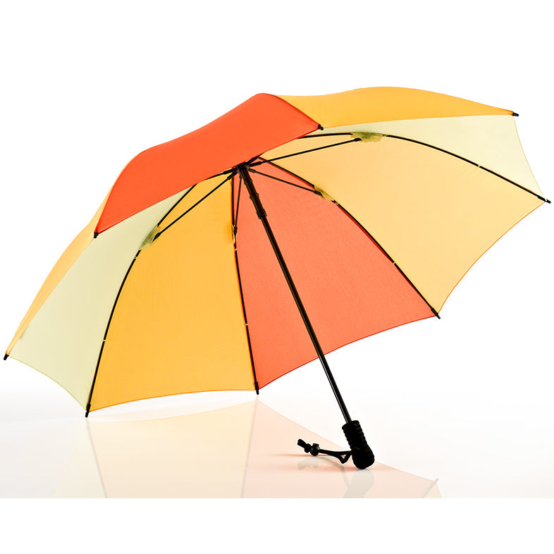 Trekking umbrella with orange and cream canopy and black frame, curved handle