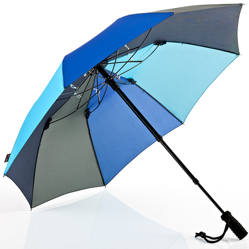 Blue and green panel hands-free trekking umbrella with telescopic pole and backpack strap