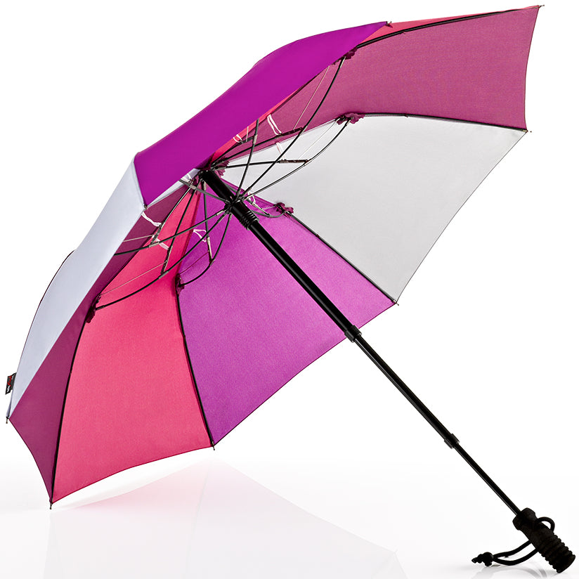 Pink and purple hands-free trekking umbrella with telescopic pole and backpack strap