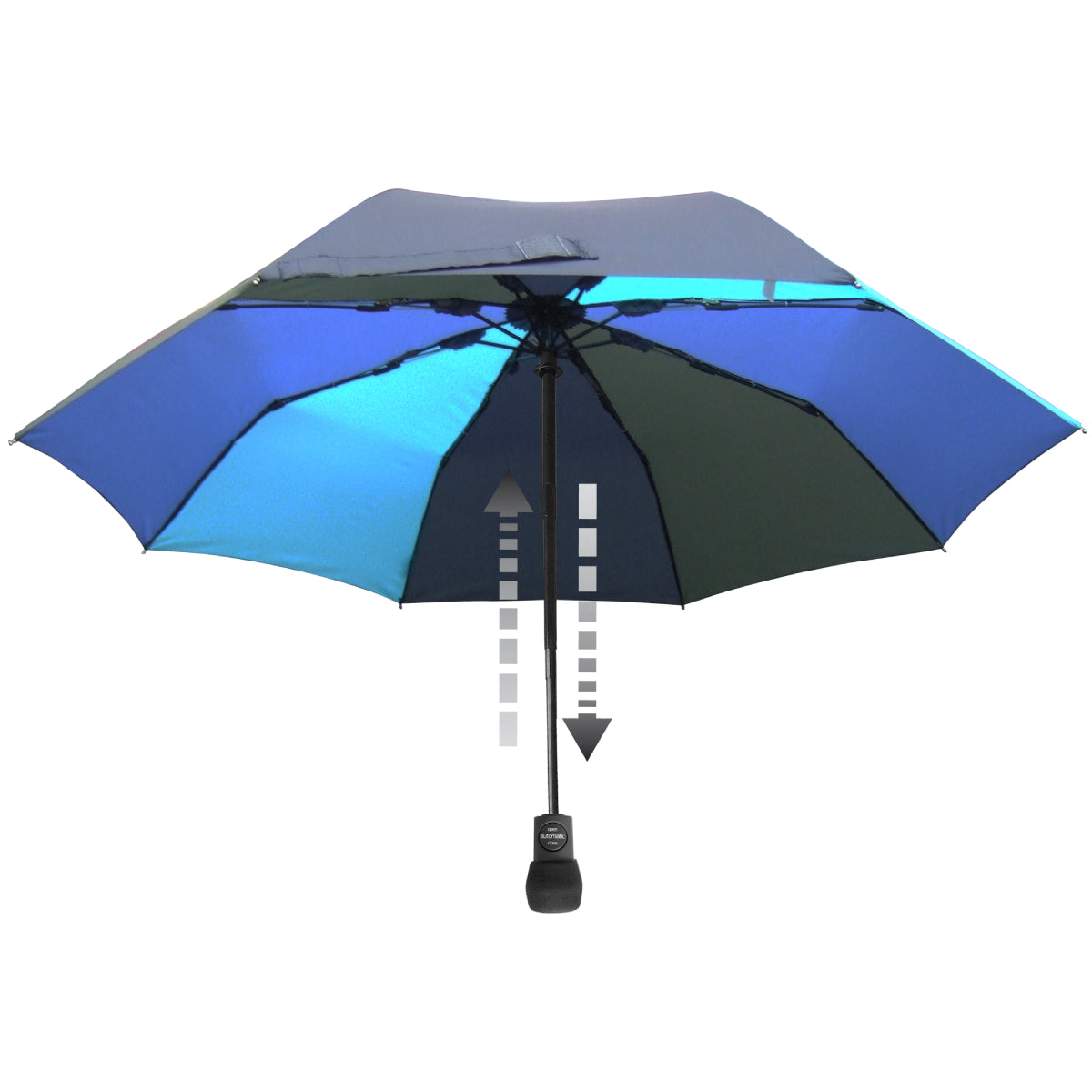 Blue and black automatic umbrella with open canopy and white directional graphics.