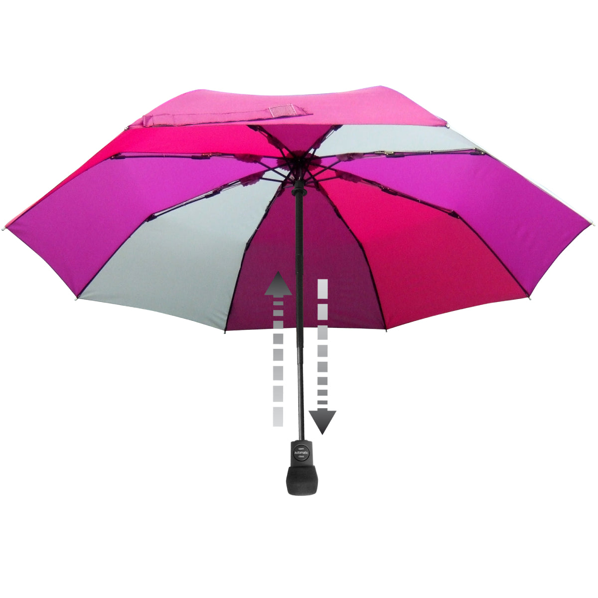 Pink and gray automatic umbrella with open canopy and white trail graphics.