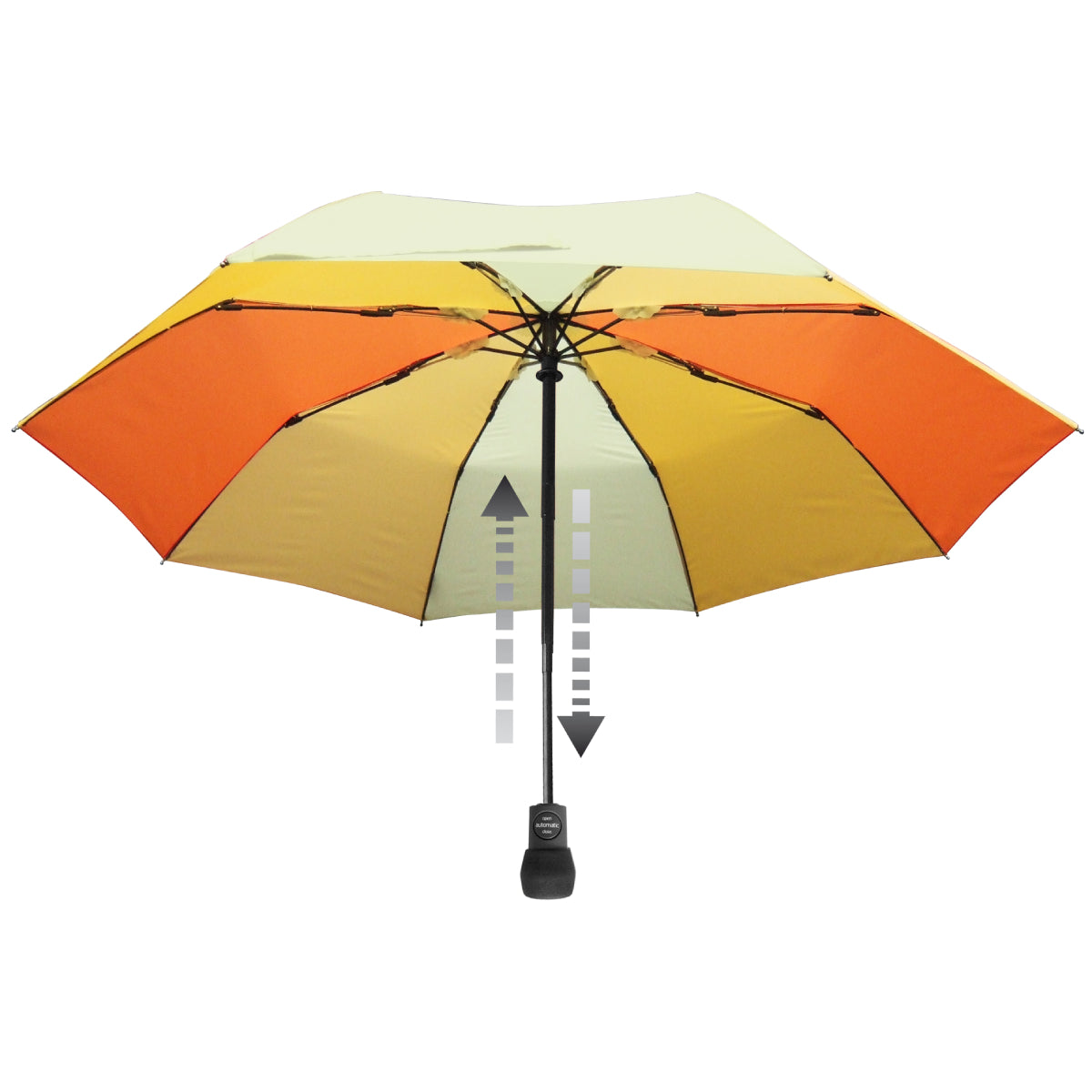 Orange and tan automatic umbrella with open canopy and white directional graphics.