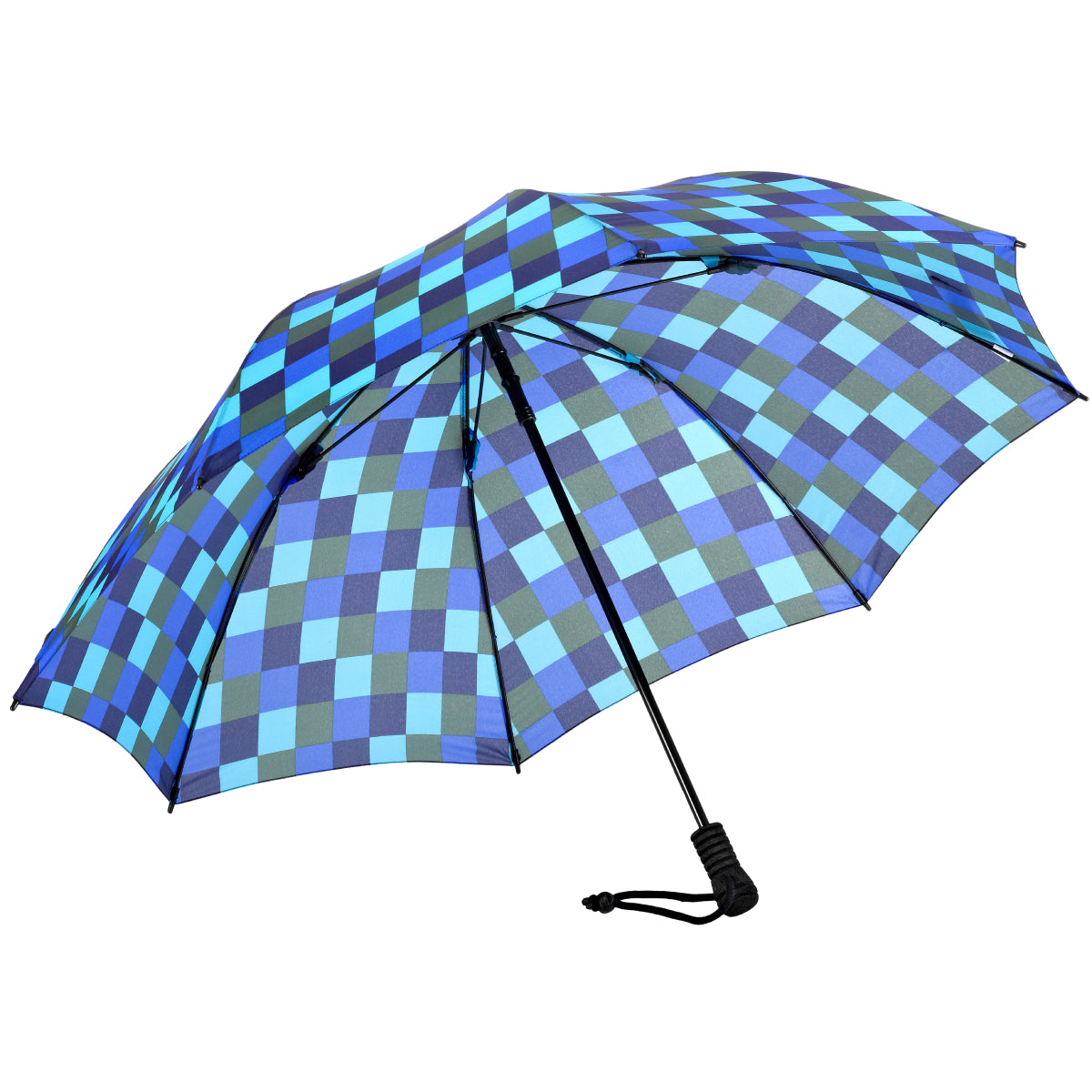 Trekking umbrella with blue checkered canopy and black frame, curved wrist strap
