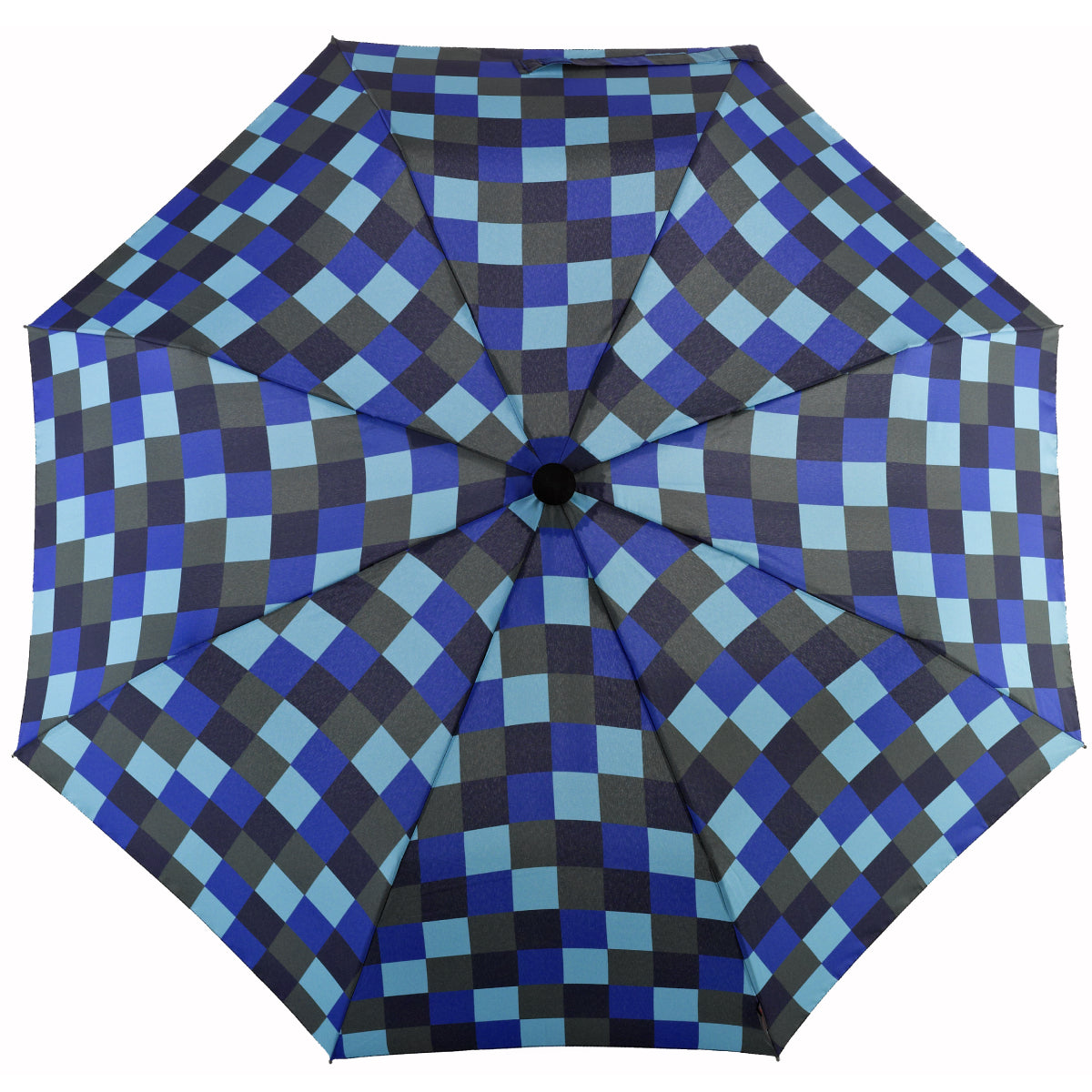 Hands-free trekking umbrella with blue checkered canopy and telescopic black handle