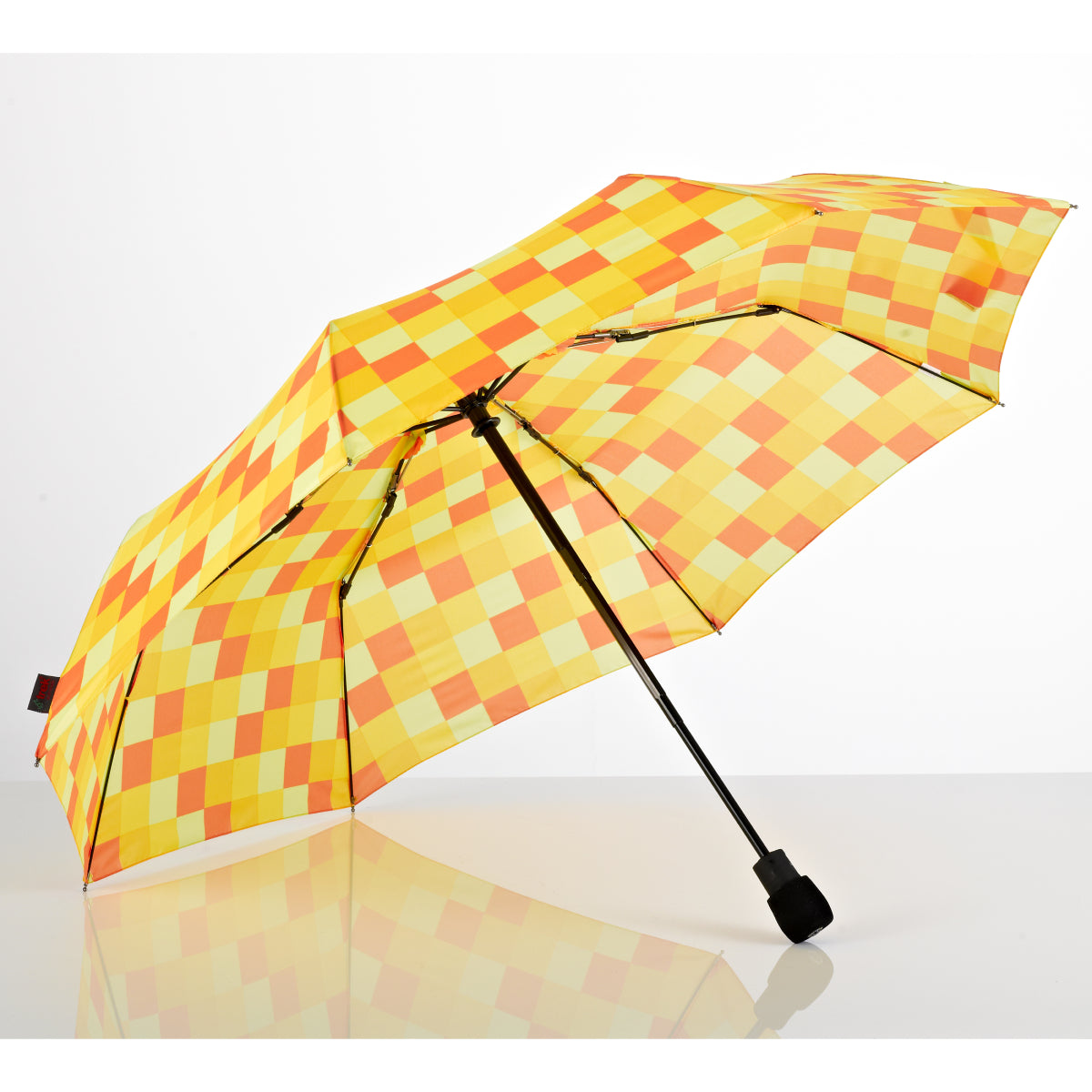 Yellow and orange check automatic umbrella with open canopy and black handle.