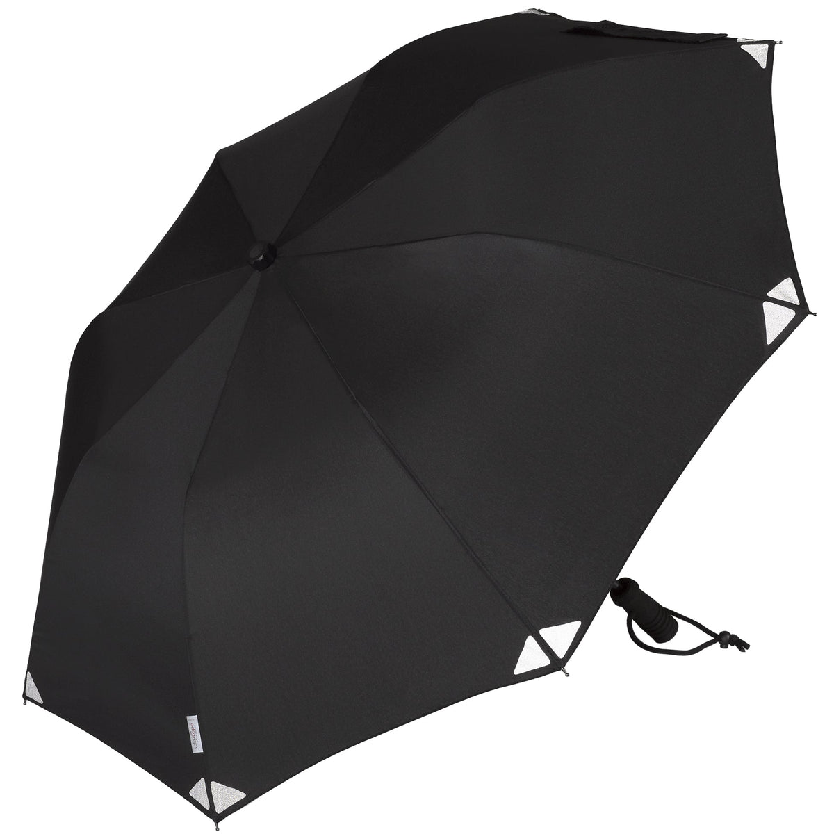 Black hands-free trekking umbrella with telescopic pole and backpack attachment strap