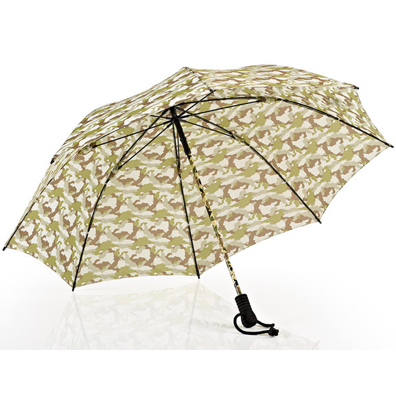 Trekking umbrella with camouflage canopy and black frame, curved wrist strap