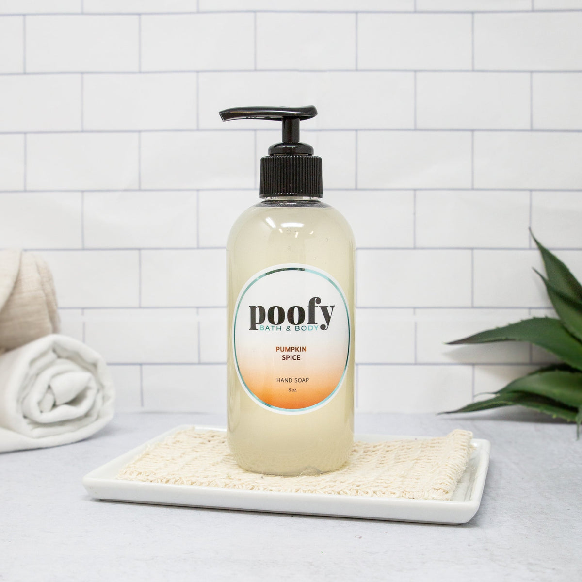 Liquid hand soap bottle with pump, poofy label, pumpkin spice scent