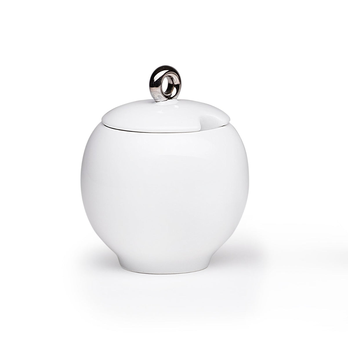 White ceramic sugar bowl with lid and metal-ring handle detail