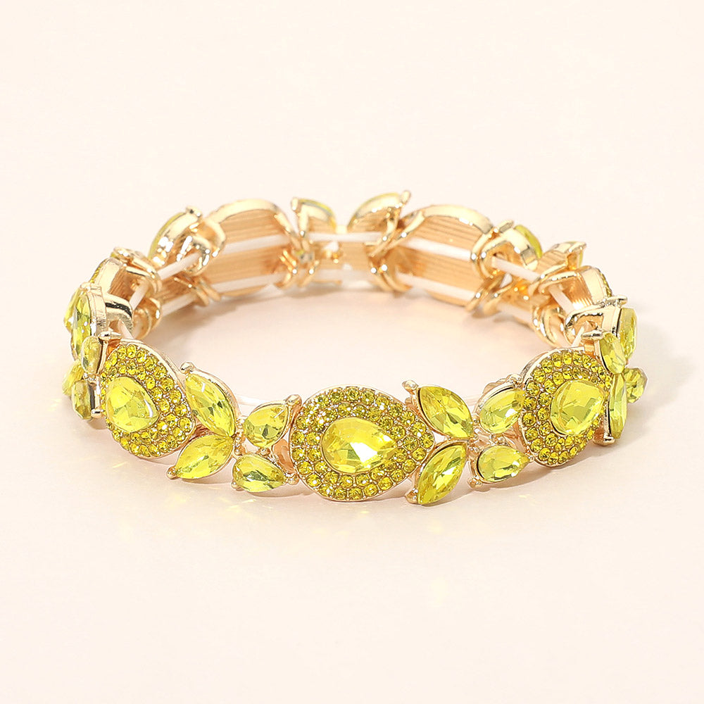 Gold stretch bracelet with teardrop and marquise yellow stone cluster beads