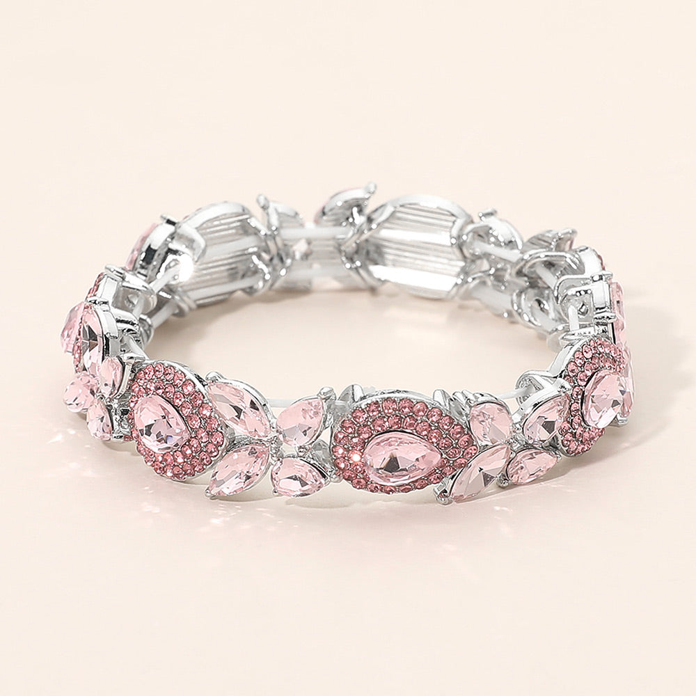 Silver stretch bracelet with light pink marquise and teardrop stone cluster beads
