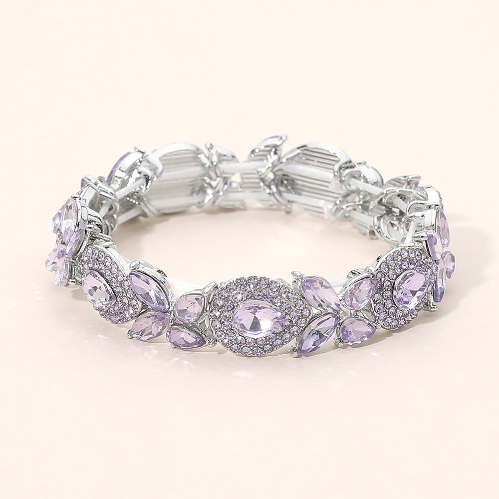 Silver stretch bracelet with violet marquise and teardrop stone cluster beads