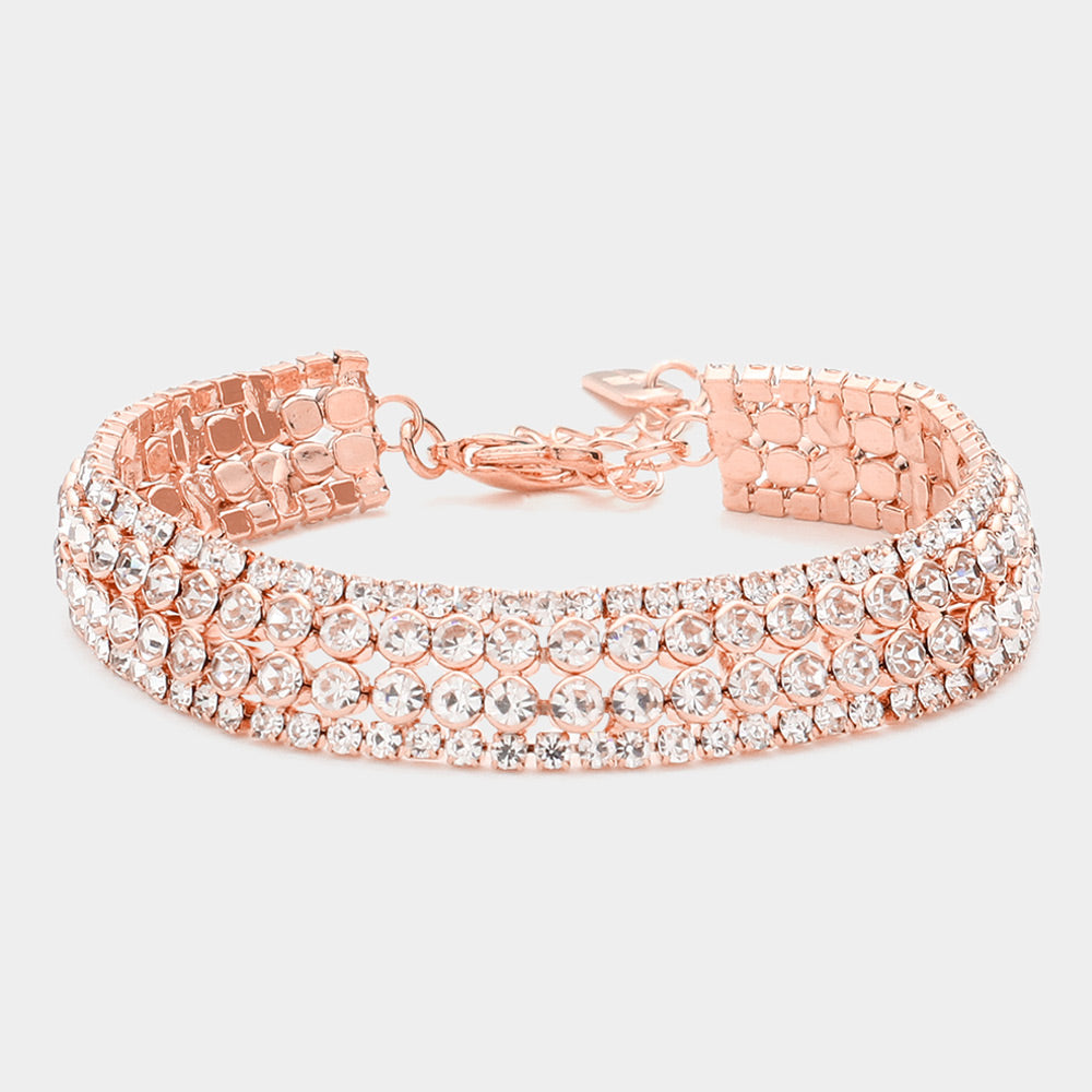 Rose gold rhinestone evening bracelet with round stones and hinged bar clasp detail