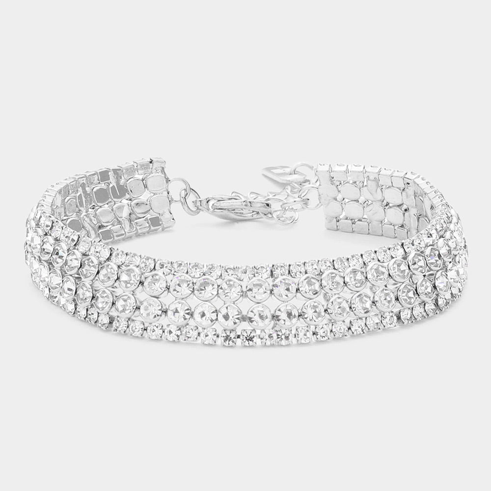 Silver rhinestone evening bracelet with linked round stones and box clasp detail