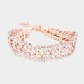 Rose gold AB rhinestone evening bracelet with iridescent round stones and chain clasp