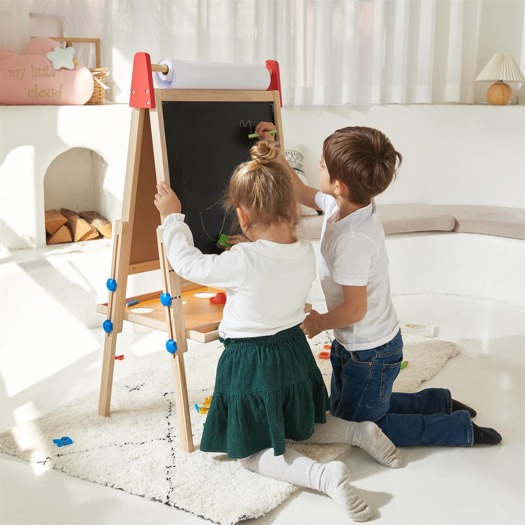Kids art easel with black chalkboard, paper roll top, and storage tray