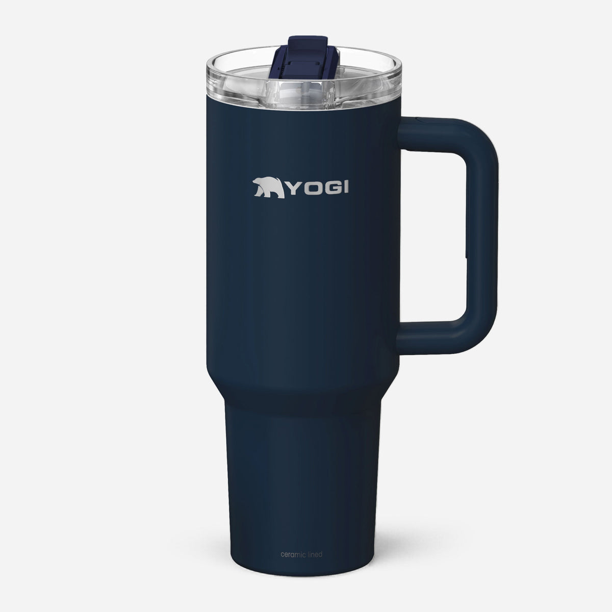 Ceramic-lined tumbler with clear lid and side handle, dark blue body