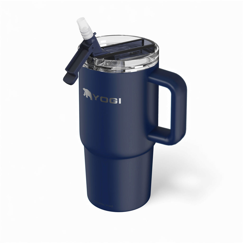 Ceramic-lined tumbler in dark indigo with open lid and straw port