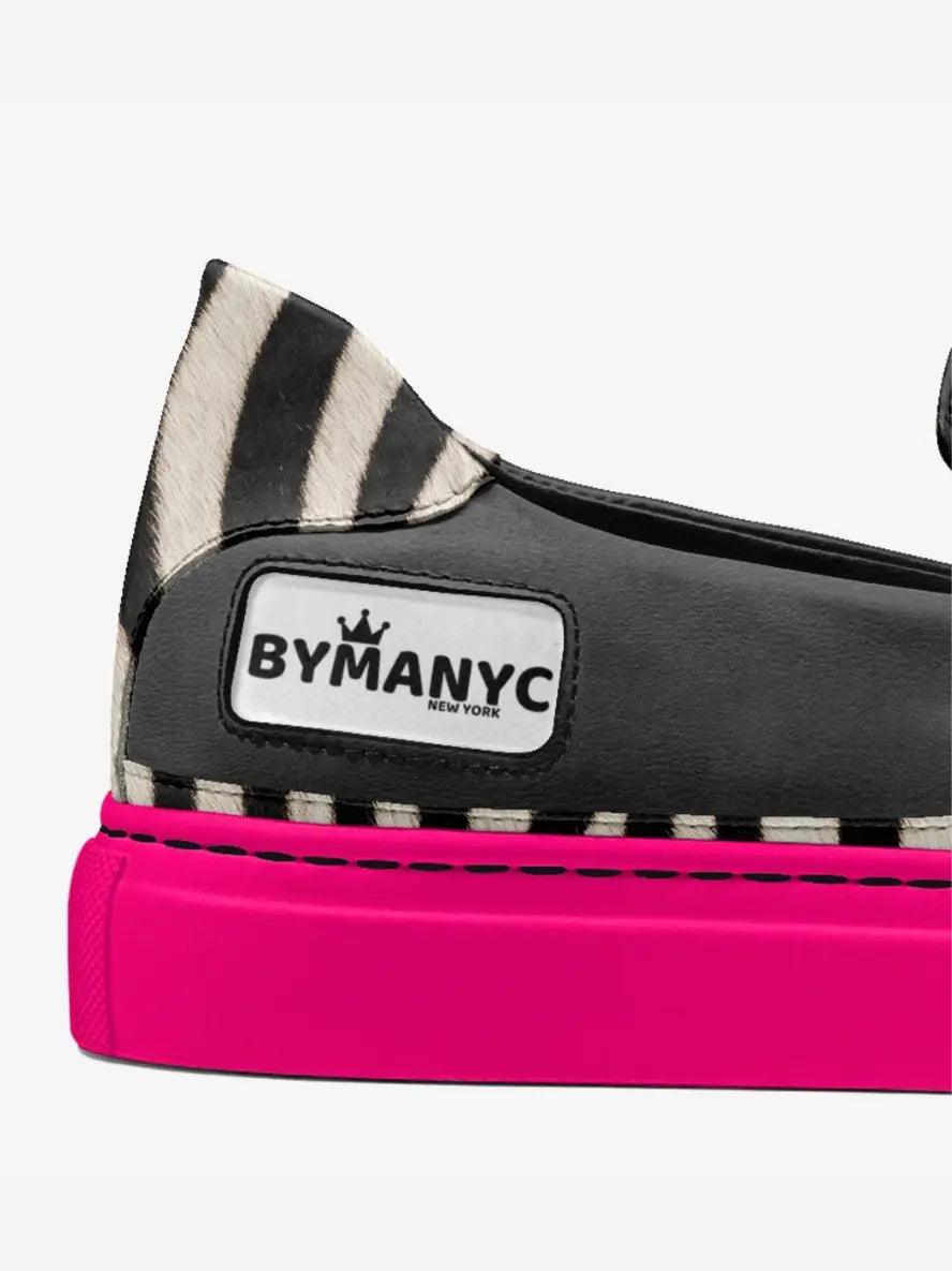 BYMANYC logo patch on zebra-print low-top sneaker with pink platform sole